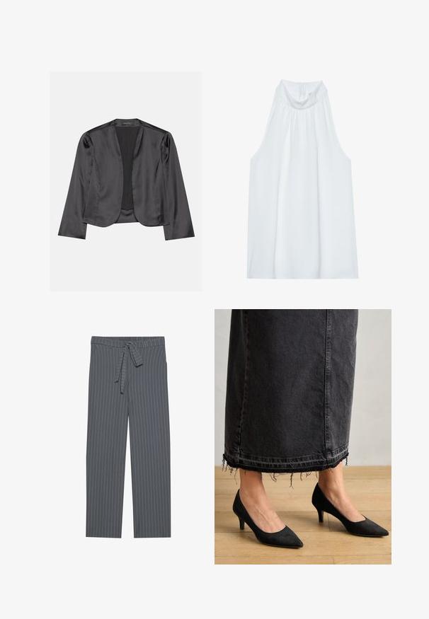 Sort satin blazer med en glat tekstur, åben frontdesign, lange ærmer og minimalistisk silhuet. Mærket "ANNA FIELD" indeni.; Hvid ærmeløs top med høj hals, der har blødt stof, sammensyning ved halsudskæringen og en skjult lynlås i ryggen.; Grå stribede bukser med elastisk talje, bindebånd og løs pasform. Lavet af et glat stof, de har lodrette striber.; Sorte ruskindpumps med spids tå og en 3 tommer hæl, parret med en lang, mørk denimskørt med frynset kant.