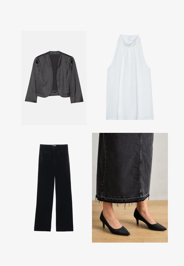Zwart satijnen blazer met een gladde textuur, open voorkant, lange mouwen en een minimalistisch silhouet. Binnenin gelabeld als "ANNA FIELD".; Witte mouwloze top met een hoge hals, gemaakt van zachte stof, met geplooide details bij de halslijn en een verborgen ritssluiting aan de achterkant.; Zwarte fluwelen wijde broek met twee achterzakken en een gladde textuur, met een rechte snit en afgewerkte zoom bij de enkels.; Zwarte suède pumps met een spitse neus en een hak van 7,5 cm, in combinatie met een lange, donkere spijkerrok met rafelige uiteinden.