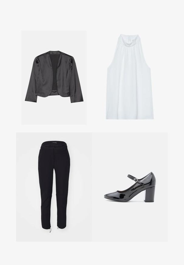Zwart satijnen blazer met een gladde textuur, open voorkant, lange mouwen en een minimalistisch silhouet. Binnenin gelabeld als "ANNA FIELD".; Witte mouwloze top met een hoge hals, gemaakt van zachte stof, met geplooide details bij de halslijn en een verborgen ritssluiting aan de achterkant.; Zwarte broek met een gladde textuur, met een slimfit ontwerp, elastische tailleband, twee zakken en verstelbare manchetten met trekkoorden.; Zwarte gepatineerde leren hoge hak met een ronde neus, enkelbandje en een blokhak. Glanzende afwerking met een gladde textuur.