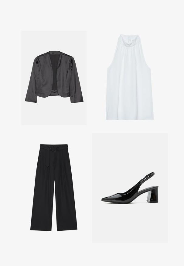Blazer de satén negro con una textura suave, diseño de frente abierto, manga larga y silueta minimalista. Etiquetado "ANNA FIELD" en el interior.; Top blanco sin mangas con cuello alto, confeccionado en una tela suave, con detalles fruncidos en el escote y una cremallera oculta en la parte posterior.; Pantalones negros de pierna ancha hechos de una tela suave, con cintura alta, un cinturón con hebilla cuadrada y pliegues frontales para añadir textura.; Zapato slingback negro de charol con punta afilada y tacón ancho de altura media sobre fondo blanco.