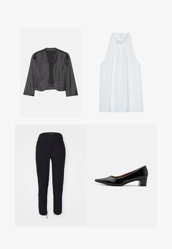Blouson en satin noir avec une texture lisse, design à ouverte à l'avant, manches longues et silhouette minimaliste. Étiqueté "ANNA FIELD" à l'intérieur.; Haut sans manches blanc avec un col montant, en tissu doux, présentant des détails froncés au niveau du col et une fermeture éclair dissimulée à l'arrière.; Pantalon noir avec une texture lisse, présentant un design ajusté, une taille élastique, deux poches et des poignets ajustables avec cordons de serrage.; Escarpin à talon bas en cuir verni noir, bout pointu et talon bloc courbé, présenté de profil sur un fond clair uni.