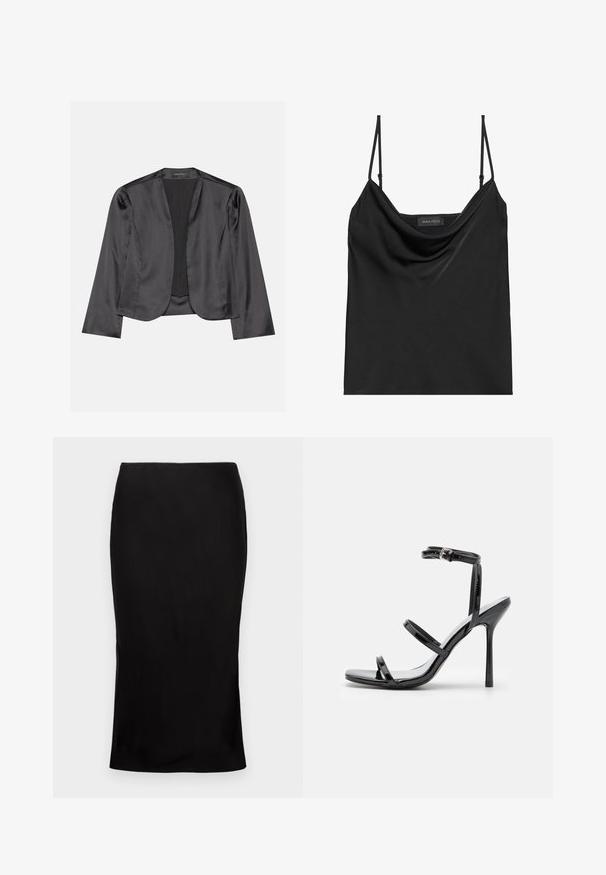 Blazer de satén negro con una textura suave, diseño de frente abierto, manga larga y silueta minimalista. Etiquetado "ANNA FIELD" en el interior.; Camiseta de tirantes negra con escote de cuerda y tirantes finos ajustables. Presenta una tela suave, un ajuste relajado y un diseño sencillo sin adornos.; Falda midi negra ajustada con una textura suave, detalle de abertura lateral y una cinturilla clásica. Diseñada para una silueta elegante.; Sandalias de tacón alto de charol negro con tres tiras horizontales y una correa en el tobillo ajustable. Silueta elegante y acabado brillante.