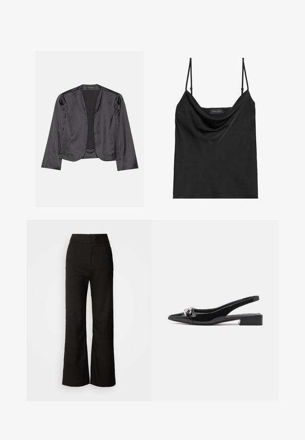 Sort satin blazer med en glat tekstur, åben frontdesign, lange ærmer og minimalistisk silhuet. Mærket "ANNA FIELD" indeni.; Sort camisole med cowl-udskæring og tynde justerbare stropper. Har glat stof, afslappet pasform og et enkelt design uden pynt.; Sorte bukser med bred benvidde, glat tekstur, høj talje og et enkelt design. Ingen synlige lommer eller udsmykninger.; Sort laklæderslingback sko med spids tå, lav blokhæl og sølvfarvet metal detalje foran.