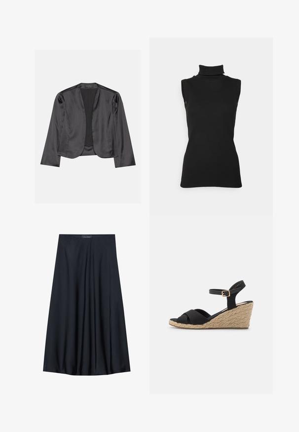 Blouson en satin noir avec une texture lisse, design à ouverte à l'avant, manches longues et silhouette minimaliste. Étiqueté "ANNA FIELD" à l'intérieur.; Top noir sans manches en maille côtelée, avec un col haut et une silhouette ajustée. Texture lisse avec un minimum de détails.; Jupe noire, arrivant aux genoux, en tissu léger avec un design fluide. Présente une texture lisse et de subtils plis pour un détail supplémentaire.; Sandales noires à talon compensé avec des brides en tissu croisées et une sangle de cheville réglable. Talon compensé texturé comme de la jute avec une conception à bout arrondi.