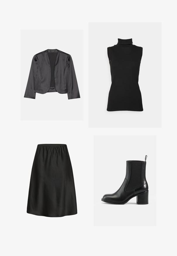 Blouson en satin noir avec une texture lisse, design à ouverte à l'avant, manches longues et silhouette minimaliste. Étiqueté "ANNA FIELD" à l'intérieur.; Top noir sans manches en maille côtelée, avec un col haut et une silhouette ajustée. Texture lisse avec un minimum de détails.; Jupe noire trapèze avec une ceinture élastique, fabriquée en tissu lisse. L'ourlet est légèrement arrondi, offrant une coupe décontractée. Sans motifs ni accents.; Botte noire en cuir à chevilles avec panneaux latéraux en élastique, bout rond et talon bloc. Texture lisse avec peu de détails de couture.