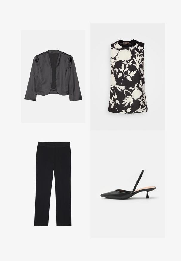 Sort satin blazer med en glat tekstur, åben frontdesign, lange ærmer og minimalistisk silhuet. Mærket "ANNA FIELD" indeni.; Anna Field Bluse - black; Sorte bukser med lige ben-design, der har sidelommer og en glat tekstur. Minimalistisk detaljering, ren livvidde.; Sorte slingback-pumper med spidse tå, elegant mat finish, lav vinkelhæl og minimalistisk design. Har en tynd ankelrem.