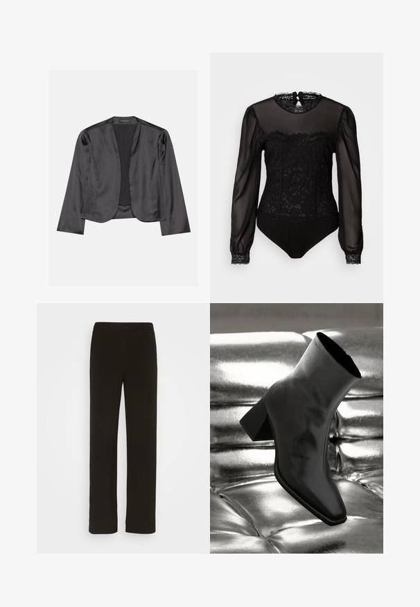 Zwart satijnen blazer met een gladde textuur, open voorkant, lange mouwen en een minimalistisch silhouet. Binnenin gelabeld als "ANNA FIELD".; Zwart bodysuit met doorzichtige lange mouwen. Bevat een kanten overlay aan de bovenkant van de voorkant en een hoge halslijn met een keyhole sluiting aan de achterkant.; Zwarte, rechte broek van geweven stof, met een platte voorkant, twee zijzakken en een gladde textuur. Geen zichtbare patronen of accenten.; Zwarte enkellaarsjes van glanzend materiaal met een vierkante neus en taps toelopende hak, afgezet tegen een glanzende zilveren gecapitonneerde achtergrond.