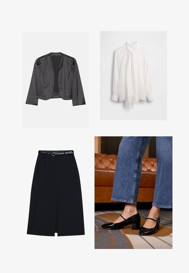 Zwart satijnen blazer met een gladde textuur, open voorkant, lange mouwen en een minimalistisch silhouet. Binnenin gelabeld als "ANNA FIELD".; Witte blouse met een hoge hals, voorzien van een vloeiende voorkant, lange mouwen en manchetten met knopen. Gemaakt van een lichtgewicht, doorschijnende stof.; Zwarte knie-lange rok met een vooraanstaande split, gemaakt van gladde stof. Heeft een dunne zwarte riem met een zilveren gesp en riemlussen.; Zwarte gepatineerde leren pumps met een spitse neus, blokhak en enkelbandje, gedragen met wijduitlopende denim jeans, op een gedessineerd tapijt.