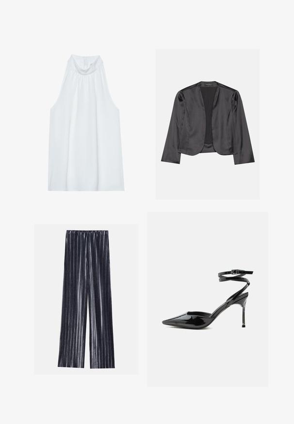 Blouson en satin noir avec une texture lisse, design à ouverte à l'avant, manches longues et silhouette minimaliste. Étiqueté "ANNA FIELD" à l'intérieur.; Haut sans manches blanc avec un col montant, en tissu doux, présentant des détails froncés au niveau du col et une fermeture éclair dissimulée à l'arrière.; Pantalons à jambes larges en marine avec des rayures verticales argentées. Confectionnés dans un tissu doux et texturé, ils disposent d'une taille élastiquée pour plus de confort.; Escarpin à talon aiguille en cuir verni noir, bout pointu, fines lanières à la cheville et petite boucle.