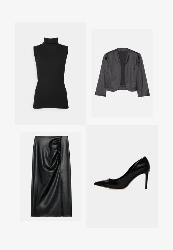 Sort satin blazer med en glat tekstur, åben frontdesign, lange ærmer og minimalistisk silhuet. Mærket "ANNA FIELD" indeni.; Sort ærmeløs turtleneck top lavet af ribbet stof, med høj hals og tætsiddende silhuet. Glat tekstur med minimal detaljering.; Sort læderskirt med en glat overflade, der har en indsamlet sektion på den ene side og en skråning på siden for ekstra detaljer.; Sorte patenterede læder højhælede pumps med spids tå og slank stiletto hæl, set fra siden på en ensfarvet baggrund.