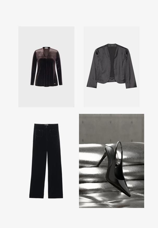 Blazer de satén negro con una textura suave, diseño de frente abierto, manga larga y silueta minimalista. Etiquetado "ANNA FIELD" en el interior.; Top de terciopelo oscuro de manga larga con un escote en V profundo, textura suave y diseño minimalista. Presenta un logo sutil en el dobladillo.; Pantalones de terciopelo negro de pierna ancha con dos bolsillos traseros y una textura suave, con un corte recto y un acabado dobladillo en los tobillos.; Zapato de tacón alto en negro brillante con talón descubierto, equilibrado sobre una superficie acolchada metálica plateada y brillante con textura suave.