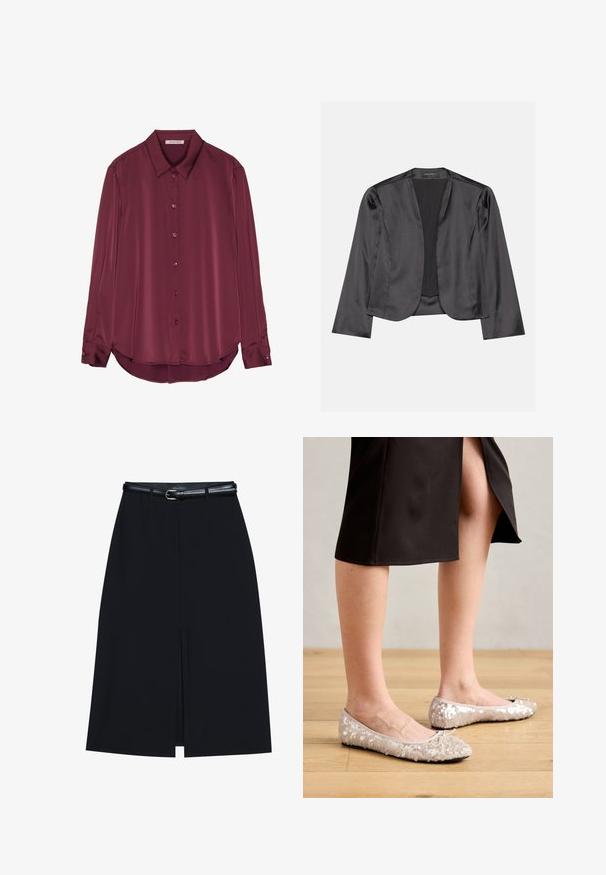 Zwart satijnen blazer met een gladde textuur, open voorkant, lange mouwen en een minimalistisch silhouet. Binnenin gelabeld als "ANNA FIELD".; Burgundy, langharige blouse van een gladde satijnen stof met een kraag, knoopsluiting aan de voorkant en een ronde zoom. De knopen passen bij de kleur van de stof.; Zwarte knie-lange rok met een vooraanstaande split, gemaakt van gladde stof. Heeft een dunne zwarte riem met een zilveren gesp en riemlussen.; Beige sequined balletschoenen met een ronde neus, voorzien van een strikaccent, gecombineerd met een zwarte rok, gepresenteerd op een houten vloer.