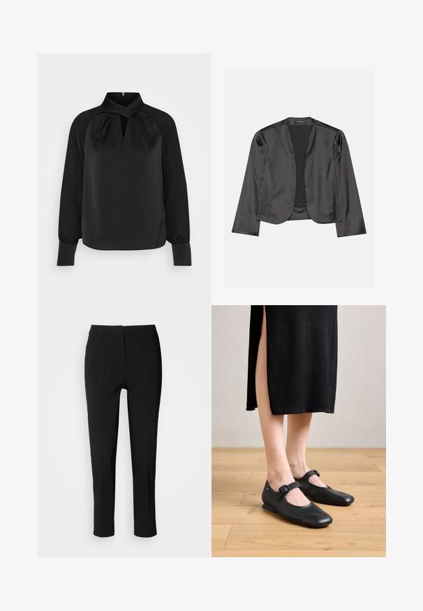 Blouson en satin noir avec une texture lisse, design à ouverte à l'avant, manches longues et silhouette minimaliste. Étiqueté "ANNA FIELD" à l'intérieur.; Blouse en satin noir avec un col montant, des détails plissés au niveau du cou, et des manches longues avec des poignets ajustés. Texture lisse, design minimaliste.; Pantalons noirs ajustés avec une coupe slim, devant plat et sans poches visibles, offrant une texture lisse et une finition soignée au bas.; Ballerines Mary Jane en cuir noir avec un petit talon, présentant un bout rond et un détail de boucle sur le côté. Le design texturé améliore l'attrait visuel.