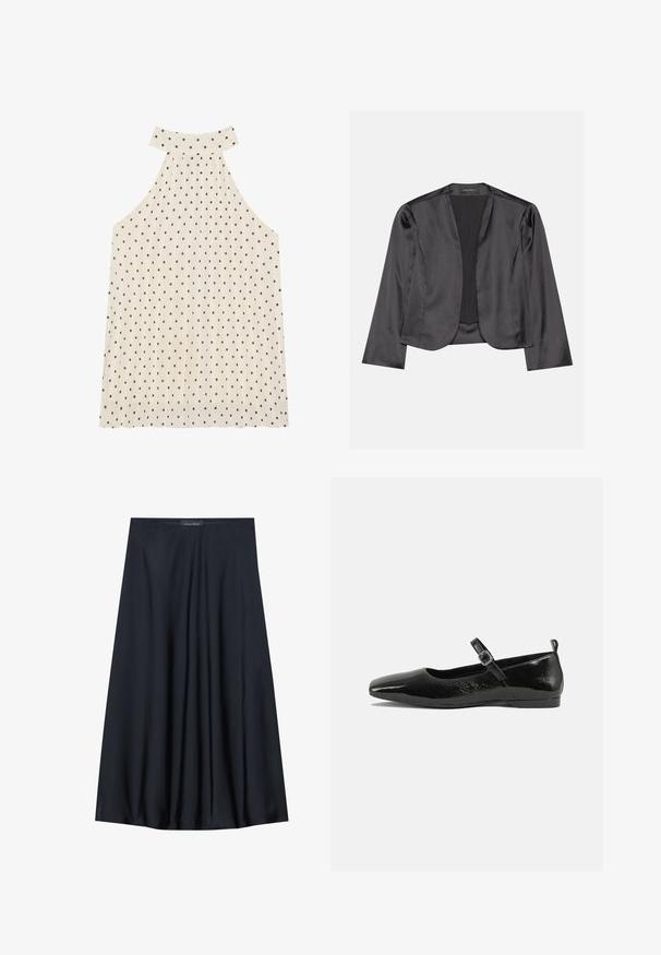Zwart satijnen blazer met een gladde textuur, open voorkant, lange mouwen en een minimalistisch silhouet. Binnenin gelabeld als "ANNA FIELD".; Mouwloze haltertop in crèmekleur met bruine stippen, met een hoge halslijn en geplooide stof voor extra textuur.; Zwarte, knielange rok van lichtgewicht stof met een vloeiende uitstraling. Kenmerkt zich door een gladde textuur en subtiele plooien voor extra detail.; Zwarte patenten leren ballerina met een spitse neus, een enkelbandje met een gesp en een gladde, glanzende textuur. Lage hak voor comfort.