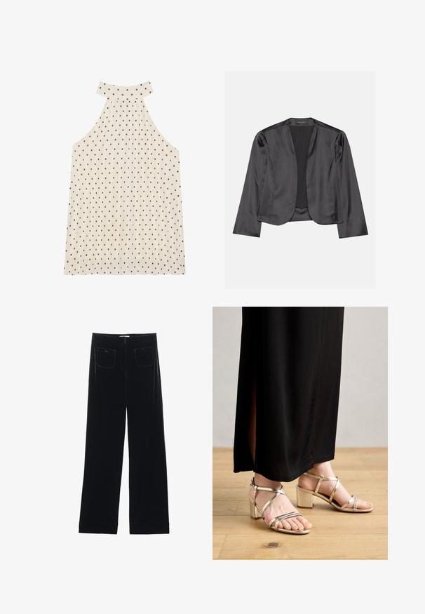 Blouson en satin noir avec une texture lisse, design à ouverte à l'avant, manches longues et silhouette minimaliste. Étiqueté "ANNA FIELD" à l'intérieur.; Top à halter sans manches en crème avec des pois marron, présentant un col haut et un tissu plissé pour une texture supplémentaire.; Pantalons larges en velours noir avec deux poches arrière et une texture lisse, présentant une coupe droite et une finition ourlée aux chevilles.; Talons dorés à brides avec un talon carré, présentant une finition métallique, une bride de cheville et un design ouvert. Associés à une jupe maxi noire.