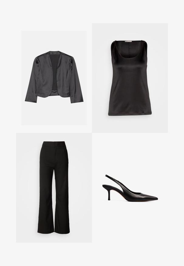 Zwart satijnen blazer met een gladde textuur, open voorkant, lange mouwen en een minimalistisch silhouet. Binnenin gelabeld als "ANNA FIELD".; Anna Field by Zalando Top - black; Zwarte wijde broek met een gladde textuur, hoge taille en een strakke uitstraling. Geen zichtbare zakken of versieringen.; NA-KD Klassieke pumps - black