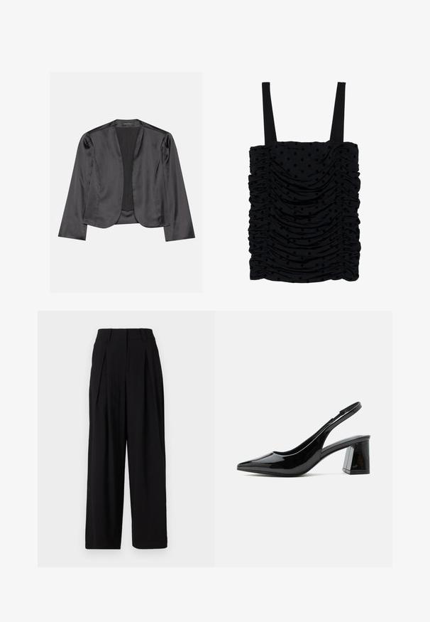 Sort satin blazer med en glat tekstur, åben frontdesign, lange ærmer og minimalistisk silhuet. Mærket "ANNA FIELD" indeni.; Sort top med justerbare stropper, prydet med rynket tekstur og hævede prikker. Blødt materiale med en tætsiddende pasform.; Sorte vide benbukser lavet af glat stof, med en høj talje, folder foran og en flydende silhuet.; Sort slingback sko i lakeret læder med spids tå og chunky midhøj blokhæl på hvid baggrund.