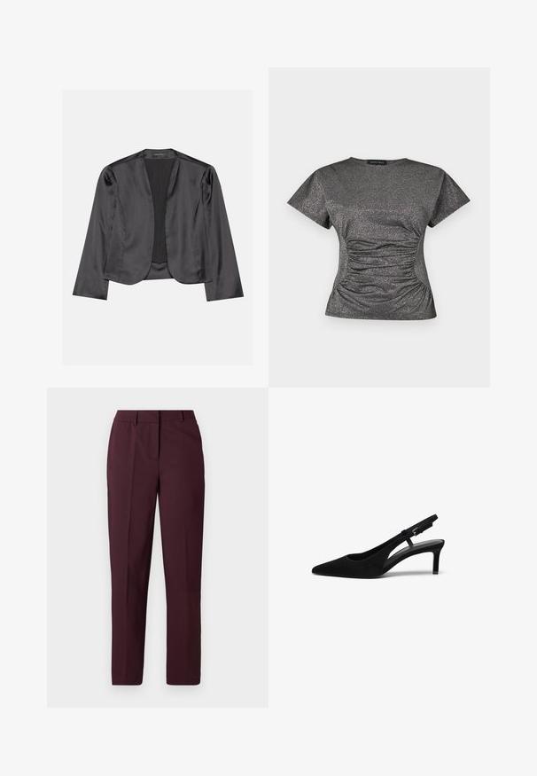 Zwart satijnen blazer met een gladde textuur, open voorkant, lange mouwen en een minimalistisch silhouet. Binnenin gelabeld als "ANNA FIELD".; Kortebloezem, donkergrijze metallic glinsterende top met een ronde halslijn en geplooide ruchingdetails bij de taille.; Bordeauxrode rechte broek met een gladde textuur, voorzien van een vlakke voorkant en zonder zichtbare zakken. Op maat gemaakt ontwerp met een klassieke pasvorm.; Zwarte suède slingback schoen met een puntige neus, lage hak, open zijkant en verstelbare band met een metalen gespsluiting. Glad textuur.