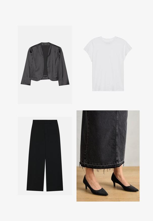 Blouson en satin noir avec une texture lisse, design à ouverte à l'avant, manches longues et silhouette minimaliste. Étiqueté "ANNA FIELD" à l'intérieur.; T-shirt blanc à manches courtes, col rond, coupe décontractée, en tissu de coton doux. Texture lisse, sans motifs ni logos.; Pantalons noirs à jambe large en tissu lisse. Dotés d'une taille plate avec passants de ceinture et sans poches visibles. Design simple.; Escarpins en suede noirs avec un bout pointu et un talon de 3 pouces, associés à une longue jupe en denim foncé présentant des détails d'ourlet effilochés.