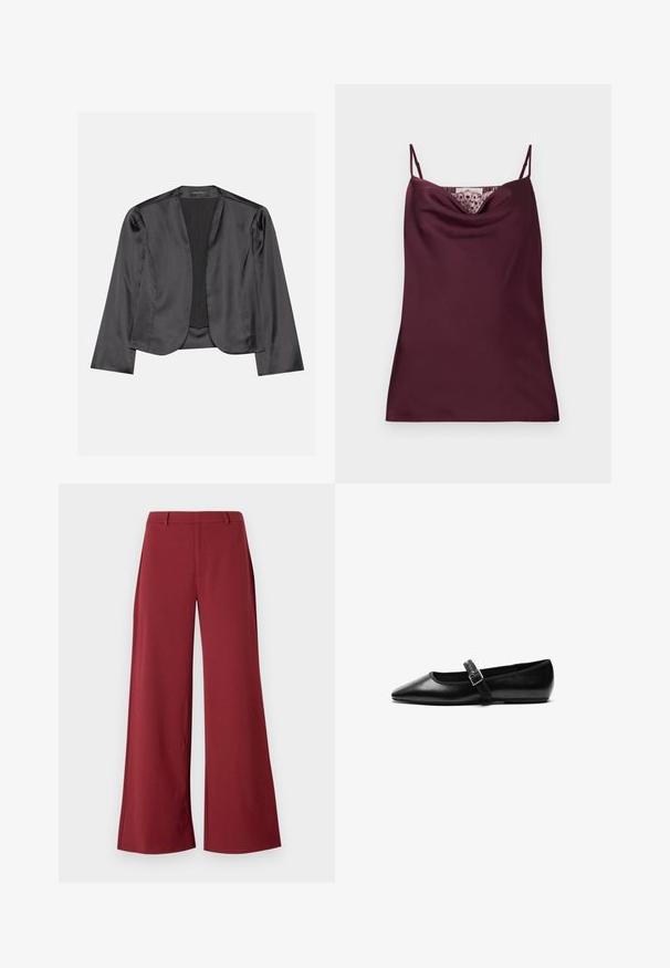 Schwarzer Satin-Blazer mit glatter Textur, offenes Vorderdesign, lange Ärmel und minimalistischer Silhouette. Innen mit dem Etikett "ANNA FIELD".; Ärmelloses, tief bordeauxfarbenes Satin-Camisole-Top mit dünnen, verstellbaren Trägern und Spitzenakzenten entlang des Wasserfallausschnitts.; Weite Hosen in einem tiefen Burgunderfarbton. Hergestellt aus einem glatten, dehnbaren Stoff mit taillierten Nähten und einem Reißverschluss auf der Vorderseite.; Schwarze flache Schuhe aus Leder mit spitzem Fuß, verstellbarem Riemen mit einer Metallschnalle, glatter Textur und minimalistischem Design.