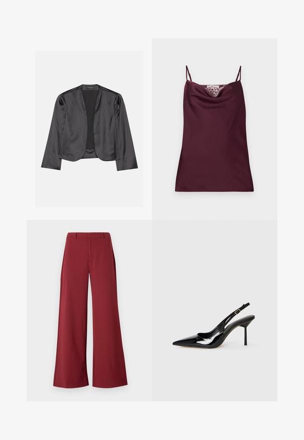 Schwarzer Satin-Blazer mit glatter Textur, offenes Vorderdesign, lange Ärmel und minimalistischer Silhouette. Innen mit dem Etikett "ANNA FIELD".; Ärmelloses, tief bordeauxfarbenes Satin-Camisole-Top mit dünnen, verstellbaren Trägern und Spitzenakzenten entlang des Wasserfallausschnitts.; Weite Hosen in einem tiefen Burgunderfarbton. Hergestellt aus einem glatten, dehnbaren Stoff mit taillierten Nähten und einem Reißverschluss auf der Vorderseite.; Schwarzer Lackleder Slingback-Pumps mit spitzem Zehenbereich und Stiletto-Absatz, dünnem Riemen und goldener Schnalle auf weißem Hintergrund.