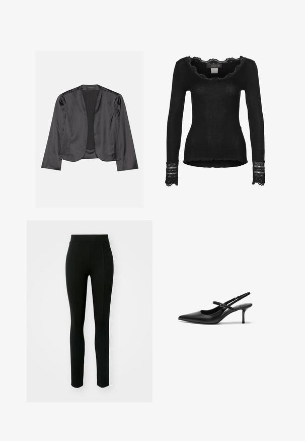 Blazer de satén negro con una textura suave, diseño de frente abierto, manga larga y silueta minimalista. Etiquetado "ANNA FIELD" en el interior.; Top de manga larga negro con cuello de encaje con borde ondulado y acentos de encaje en los puños. Diseño ajustado con un dobladillo ligeramente asimétrico.; Leggings negros de material elástico, con cintura alta, corte ajustado y dos bolsillos frontales sin costuras visibles.; Zapatos de tacón slingback de cuero negro con punta afilada, correa ajustable delgada y un tacón de aguja de aproximadamente 5 cm, textura suave.