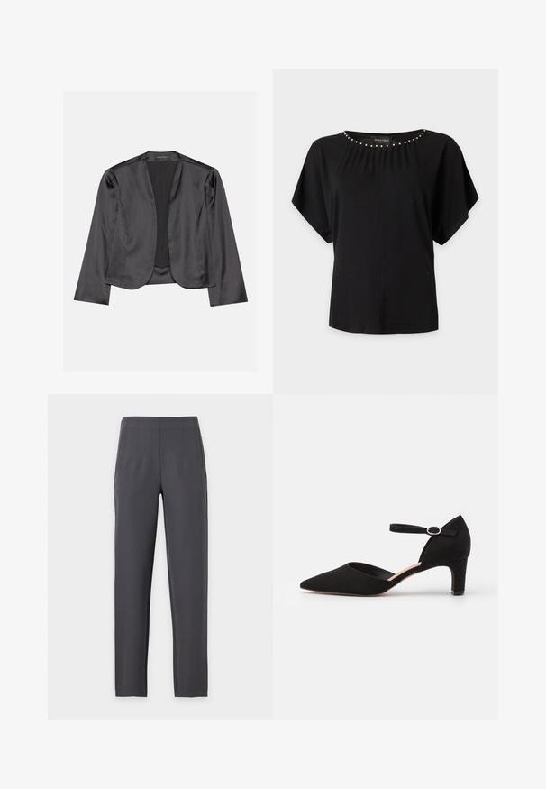 Zwart satijnen blazer met een gladde textuur, open voorkant, lange mouwen en een minimalistisch silhouet. Binnenin gelabeld als "ANNA FIELD".; Zwarte korte mouwen blouse met zilveren kralen details langs de ronde halslijn en een losse pasvorm.; Donkergrijze rechte broek met hoge taille en subtiele voorplooien, afgebeeld tegen een effen lichte achtergrond.; Zwarte suède pump met een spitse neus, enkelbandje met een ronde gesp en een lage blokhak. Glad textuur en minimalistisch ontwerp.