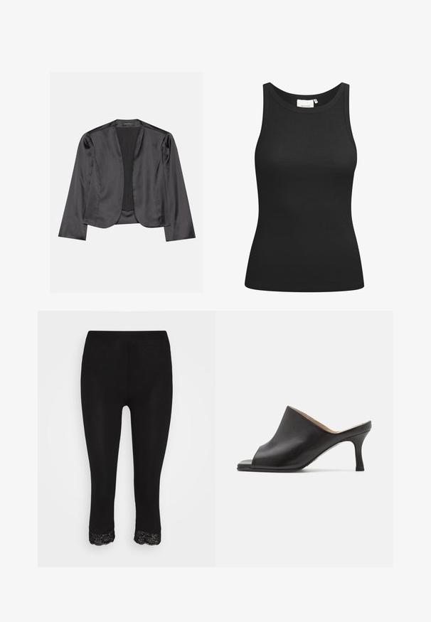 Mustmustid blazer sujuva tekstuuriga, avatud esiosa disain, pikad varrukad ja minimalistik siluett. Sisel võimalik "ANNA FIELD".; Must must have a ribatekstidist valmistatud must t-särk, millel on ümar kaelus ja sobiv kuju. Lamedad õmblused ja ilma kaunistusteta. Lihtne ja elegantne disain.; Mustad mustad, mis on tihedalt istuvad, pitsäärega allääres. Valmistatud sujuvast ja elastsematerjalist, tagades mugavuse ja paindlikkuse.; Selected ASHLEY - Kontsaga tagant lahtised kingad - black