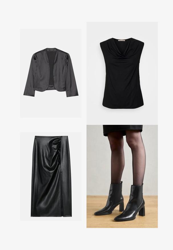 Zwart satijnen blazer met een gladde textuur, open voorkant, lange mouwen en een minimalistisch silhouet. Binnenin gelabeld als "ANNA FIELD".; Anna Field by Zalando Top - black; Zwarte leren rok met een soepele textuur, voorzien van een geplooid gedeelte aan één kant en een zijspleet voor extra detail.; Zwarte leren enkellaarsjes met een spitse neus, stevige vierkante hak en een fraaie uitstraling. Beschikt over elastische zijpanelen voor gemakkelijke aan- en uittrekken.
