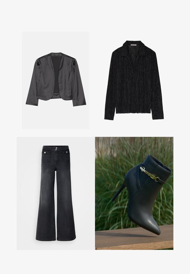 Sort satin blazer med en glat tekstur, åben frontdesign, lange ærmer og minimalistisk silhuet. Mærket "ANNA FIELD" indeni.; Sort langærmet jakke med en tekstureret, glitrende overflade. Har en kravesnit og en knaplukning foran.; Sorte denim brede ben jeans med høj talje, forknapper og to forlommer; glat tekstur med en let falmet finish.; Sorte højhælede ankelstøvler med spids tå og guldspænde, præsenteret på en træoverflade med grønne planter i baggrunden.