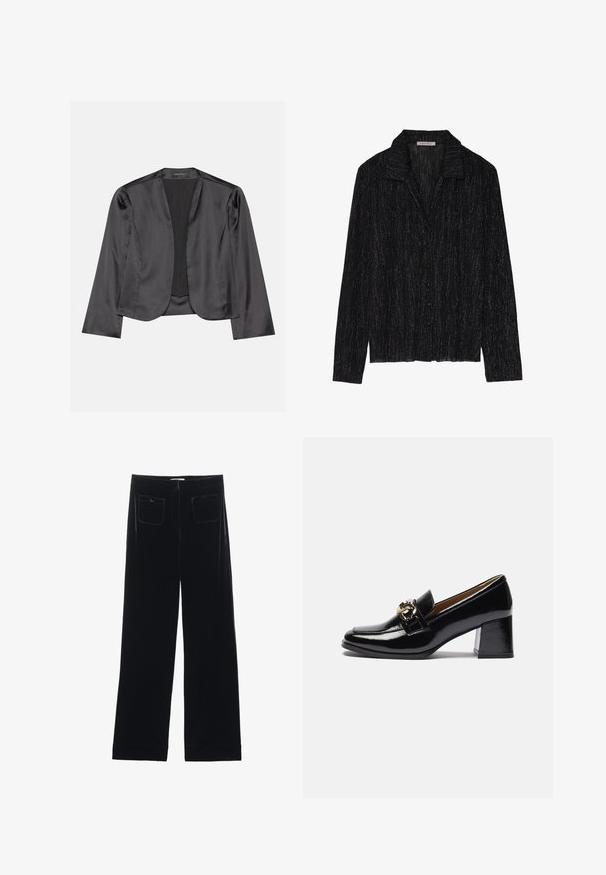 Zwart satijnen blazer met een gladde textuur, open voorkant, lange mouwen en een minimalistisch silhouet. Binnenin gelabeld als "ANNA FIELD".; Zwarte langarm jas met een gestructureerd, sprankelend oppervlak. Beschikt over een kraag en een knoopsluiting aan de voorkant.; Zwarte fluwelen wijde broek met twee achterzakken en een gladde textuur, met een rechte snit en afgewerkte zoom bij de enkels.; Zwarte gepatineerde leren instappers met hak, voorzien van een ronde neus, een chunkier hak en een gouden hardware accent op de voorband.