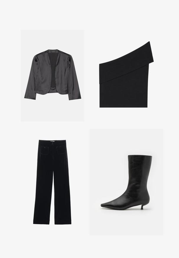 Sort satin blazer med en glat tekstur, åben frontdesign, lange ærmer og minimalistisk silhuet. Mærket "ANNA FIELD" indeni.; Asymmetrisk sort top i blødt stof, med en enkelt bred skulderrem og et figursyet design med en kant ved taljen.; Sorte velour bredbukser med to baglommer og en glat tekstur, der har en lige skæring og syede afslutninger ved anklerne.; Sort læder ankelstøvle med spids tå, tætsiddende silhuet og lav, konisk hæl. Glat tekstur, minimalistisk design.