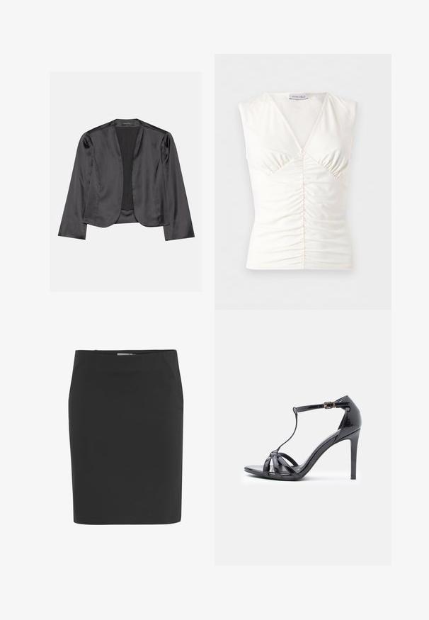 Zwart satijnen blazer met een gladde textuur, open voorkant, lange mouwen en een minimalistisch silhouet. Binnenin gelabeld als "ANNA FIELD".; Wit mouwloos V-hals topje met geplooide voorkant en licht rekbare stof, merk Anna Field.; Zwarte kokerrok tot op de knie met rechte pasvorm en zijritssluiting.; Zwarte lakleren hoge hak sandaal met dunne banden, T-bar ontwerp, gesp sluiting en een elegante, gebogen silhouet.