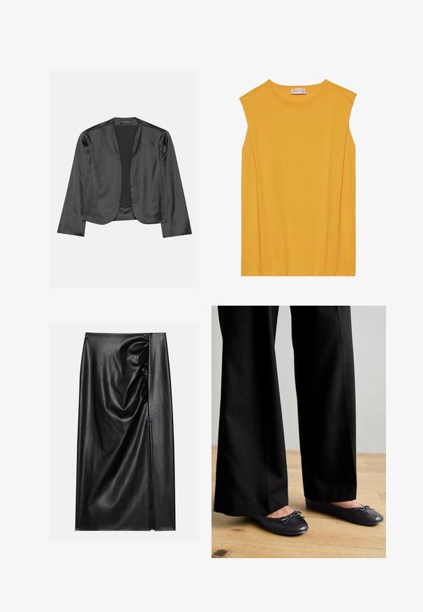 Blouson en satin noir avec une texture lisse, design à ouverte à l'avant, manches longues et silhouette minimaliste. Étiqueté "ANNA FIELD" à l'intérieur.; Haut sans manches jaune en coton doux, avec un col rond et une coupe droite, agrémenté de coutures discrètes le long des bords.; Jupe en cuir noir avec une texture lisse, présentant une section froncée sur un côté et une fente sur le côté pour un détail supplémentaire.; Pantalons larges noirs avec une surface texturée, associés à des chaussures plates ornées d'un nœud et d'un subtil design en croco embossé noir.