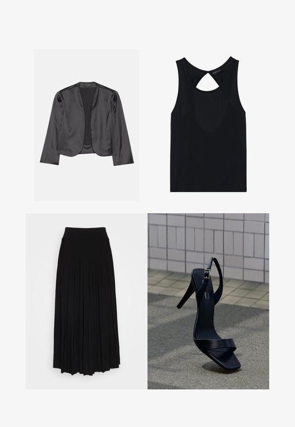 Zwart satijnen blazer met een gladde textuur, open voorkant, lange mouwen en een minimalistisch silhouet. Binnenin gelabeld als "ANNA FIELD".; Zwarte mouwloze top met een ronde hals, voorzien van een uitsnede aan de achterkant. Gemaakt van een gladde, rekbare stof. Eenvoudig ontwerp zonder patronen.; Zwarte plissé rok met een hoge, elastische tailleband. Gemaakt van zachte stof, met verticale plooien voor een vloeiende silhouet.; Zwarte sandaal met hoge hak, enkelriem en vierkante neus, geplaatst op het trottoir tegen een betegelde muur op de achtergrond.