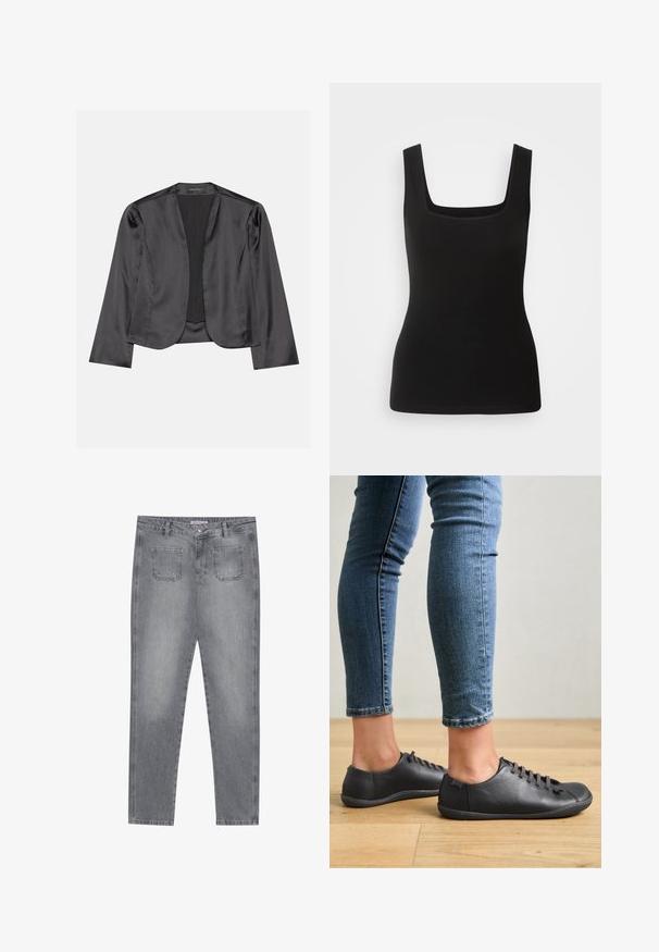 Zwart satijnen blazer met een gladde textuur, open voorkant, lange mouwen en een minimalistisch silhouet. Binnenin gelabeld als "ANNA FIELD".; Zwarte mouwloze tanktop met een vierkante halslijn, gemaakt van gladde stof; aansluitend ontwerp zonder patronen of hardware accenten.; Grijze denim jeans met een rechte pasvorm, vijf zakken en een knoopsluiting. Heeft een lichte wassing en klassieke stiksel details.; Zwarte leren schoenen met een ronde neus, lage profiel en vetersluiting. Gecombineerd met blauwe, aansluitende jeans en een houten vloer als achtergrond.