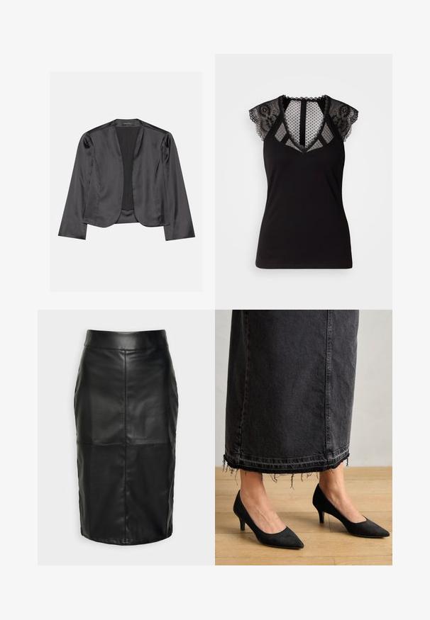 Sort satin blazer med en glat tekstur, åben frontdesign, lange ærmer og minimalistisk silhuet. Mærket "ANNA FIELD" indeni.; Sort ærmeløs top med blonder detaljer på skuldrene og et gennemsigtigt mesh-panel med prikker ved udskæringen og ryggen.; Sort lædernederdel med en glat tekstur, der har en høj talje og syninger, der skaber en diskret, struktureret form.; Sorte ruskindpumps med spids tå og en 3 tommer hæl, parret med en lang, mørk denimskørt med frynset kant.