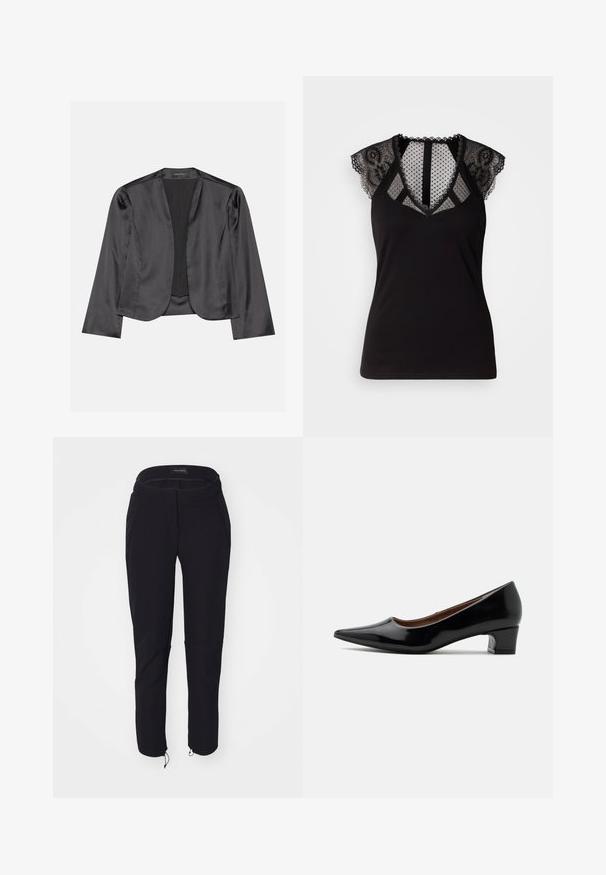 Blazer de satén negro con una textura suave, diseño de frente abierto, manga larga y silueta minimalista. Etiquetado "ANNA FIELD" en el interior.; Top negro sin mangas con acentos de encaje en los hombros y un panel de malla transparente con lunares en el escote y la espalda.; Pantalones negros con una textura suave, que cuentan con un diseño ajustado, cinturilla elástica, dos bolsillos y puños ajustables con cordones.; Zapato de salón bajo de piel de charol negra con punta afilada y tacón de bloque curvado, mostrado de perfil sobre un fondo claro y liso.