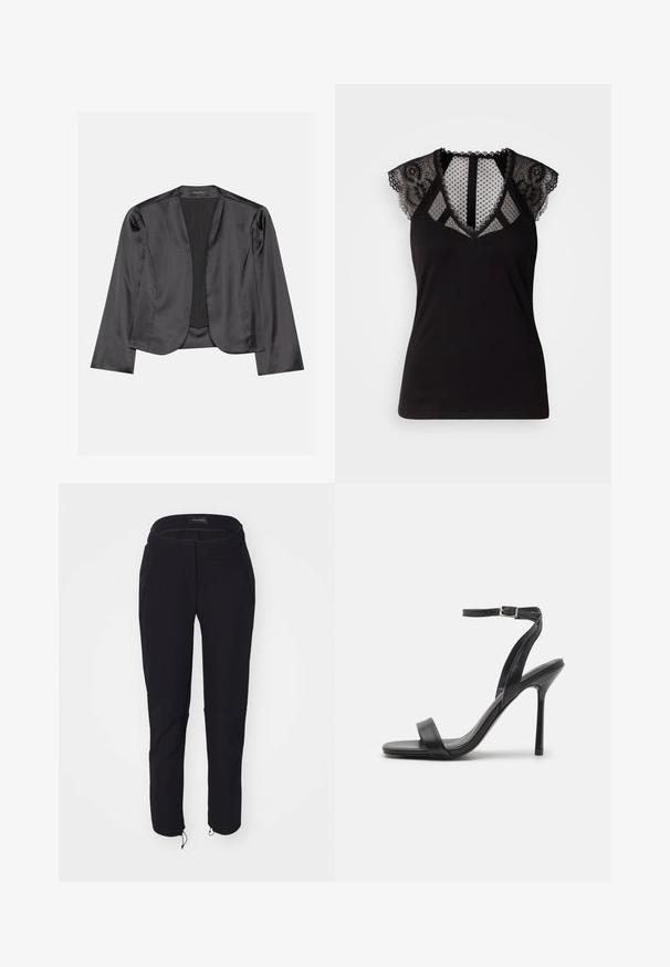Blazer de satén negro con una textura suave, diseño de frente abierto, manga larga y silueta minimalista. Etiquetado "ANNA FIELD" en el interior.; Top negro sin mangas con acentos de encaje en los hombros y un panel de malla transparente con lunares en el escote y la espalda.; Pantalones negros con una textura suave, que cuentan con un diseño ajustado, cinturilla elástica, dos bolsillos y puños ajustables con cordones.; Sandalia negra de tacón alto con una correa delgada en el tobillo y dos bandas en la parte frontal. Hecha de cuero suave con una punta afilada y tacón de aguja.