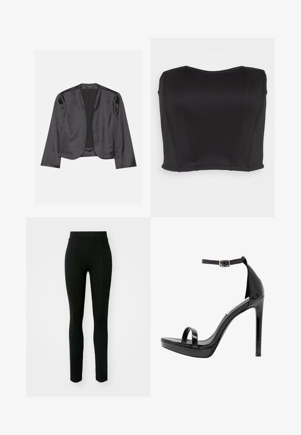 Blouson en satin noir avec une texture lisse, design à ouverte à l'avant, manches longues et silhouette minimaliste. Étiqueté "ANNA FIELD" à l'intérieur.; WAL G. PRIYA BODICE - Débardeur - black; Leggings noirs en matière extensible, dotés d'une taille haute, d'une coupe slim et de deux poches avant sans coutures visibles.; Steve Madden MILANO - Sandales à talons hauts - black