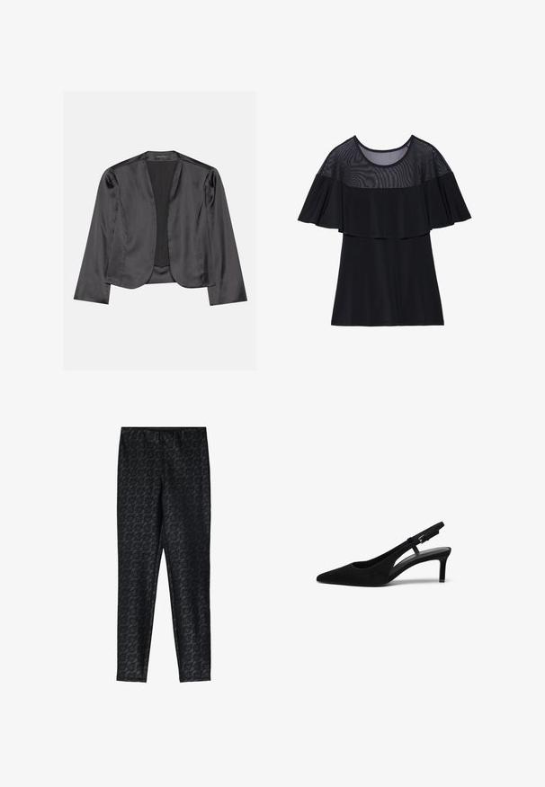 Schwarzer Satin-Blazer mit glatter Textur, offenes Vorderdesign, lange Ärmel und minimalistischer Silhouette. Innen mit dem Etikett "ANNA FIELD".; Schwarzes Oberteil mit einer transparenten Mesh-Oberfläche und einem Rüschendesign. Der Stoff ist glatt, mit einem runden Halsausschnitt und kurzen Ärmeln.; Schwarze Leggings mit floralem Spitzenmuster, aus einem dehnbaren Material hergestellt, mit einem elastischen Bund für Komfort und Passform.; Schwarzer Wildlederslingback-Schuh mit spitzem Zehenbereich, niedrigem Absatz, offenen Seiten und verstellbarem Riemen mit einer Metallschnalle. Glatte Textur.