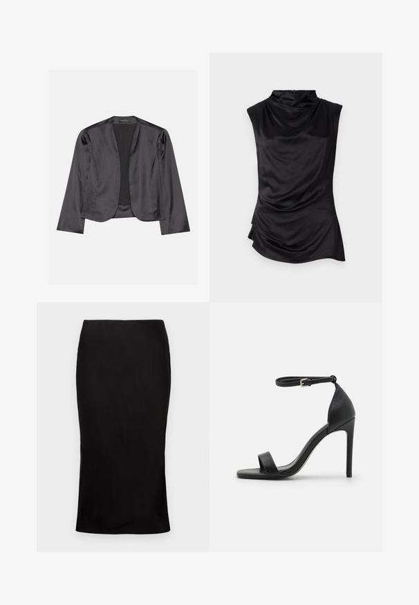 Zwart satijnen blazer met een gladde textuur, open voorkant, lange mouwen en een minimalistisch silhouet. Binnenin gelabeld als "ANNA FIELD".; Zwarte mouwloze top gemaakt van een gladde stof, met een gedrapeerde col, een asymmetrische zoom en subtiele plooidetails aan de zijkant.; Zwarte, aansluitende midi-rok met een zachte textuur, zijsplitdetail en een klassieke tailleband. Ontworpen voor een elegante silhoutte.; Zwarte sandalen met hoge hakken, met een slank ontwerp, voorzien van een enkelbandje, open teen en een gladde leren textuur.