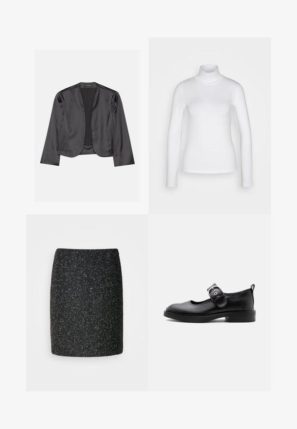 Mustmustid blazer sujuva tekstuuriga, avatud esiosa disain, pikad varrukad ja minimalistik siluett. Sisel võimalik "ANNA FIELD".; Valge pikad varrukad kõrge kaelusega särk, valmistatud sujuvast ja venivast kangast. Omab tihedat istuvust ja kõrget kraed. Ei ole nähtavaid mustreid ega aktsente.; Mustmustriibuline must mini seelik, mis on muudetud kalasaba mustriga, struktureeritud kujuga ja tekstuuri kangaga. Helen on sirge ja puhtalt viimistletud.; Mustast nahast Mary Jane king paksu taldiga, ümar nina, hõbedase pandlaga rihma ja tagumise tõmblukuga.