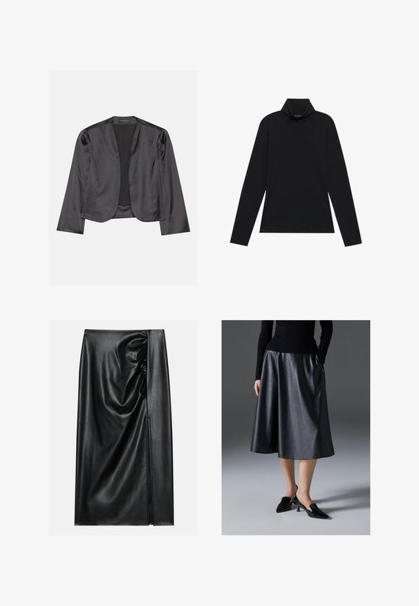 Zwart satijnen blazer met een gladde textuur, open voorkant, lange mouwen en een minimalistisch silhouet. Binnenin gelabeld als "ANNA FIELD".; Zwarte langetermijn turtleneck. Zachte stof, getailleerd design, hoge kraag en zijnaad. Eenvoudige en veelzijdige stijl die geschikt is voor het laagjes dragen.; Zwarte leren rok met een soepele textuur, voorzien van een geplooid gedeelte aan één kant en een zijspleet voor extra detail.; Zwarte leren midi-jurk met een gladde textuur; heeft een tailleband en zijzakken. Gepaarde met glanzende zwarte hakken.