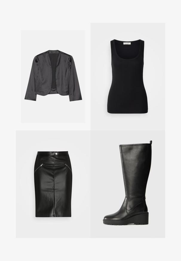 Sort satin blazer med en glat tekstur, åben frontdesign, lange ærmer og minimalistisk silhuet. Mærket "ANNA FIELD" indeni.; Sort ribbet tanktop med rund halsudskæring, brede skulderstropper og en tætsiddende pasform. Label bagpå med teksten "Marc O'Polo."; Sort læder blyantsskirt med en glat tekstur, der har to lynlåslommer foran og en tætsiddende silhuet.; Sorte læder knæhøje støvler med vadesål, glat tekstur, sømløs design og en lille trækflap øverst for nem påtagning.