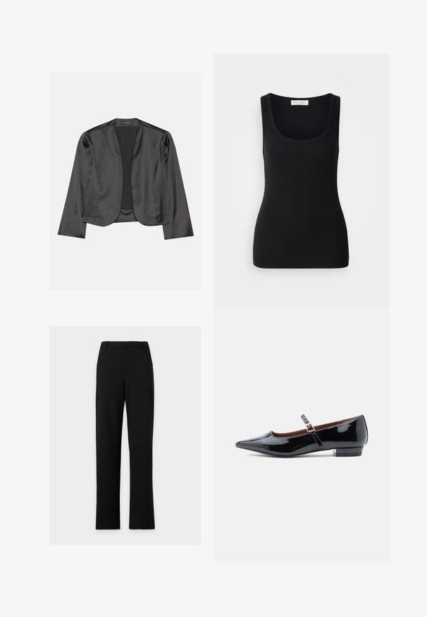 Sort satin blazer med en glat tekstur, åben frontdesign, lange ærmer og minimalistisk silhuet. Mærket "ANNA FIELD" indeni.; Sort ribbet tanktop med rund halsudskæring, brede skulderstropper og en tætsiddende pasform. Label bagpå med teksten "Marc O'Polo."; Sorte rette bukser til kjole med bæltestropper og uden synlige lommer, vist mod en ensartet lys grå baggrund.; Sorte patenterede læder Mary Jane flade sko med spids tå og lille hæl, udstyret med en justerbar rem med guld spænde.
