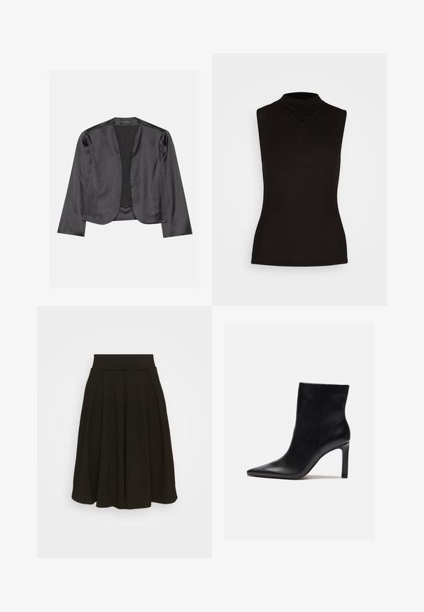 Blouson en satin noir avec une texture lisse, design à ouverte à l'avant, manches longues et silhouette minimaliste. Étiqueté "ANNA FIELD" à l'intérieur.; Haut sans manches noir à col roulé fabriqué en tissu côtelé, présentant un col haut et une silhouette ajustée. Pas de motifs ni d'accents.; Jupe plissée noire avec une large ceinture élastique. Fabriquée dans un tissu doux, elle présente un ourlet à mi-genoux et une texture lisse.; Zign by Zalando Bottines à talons hauts - black