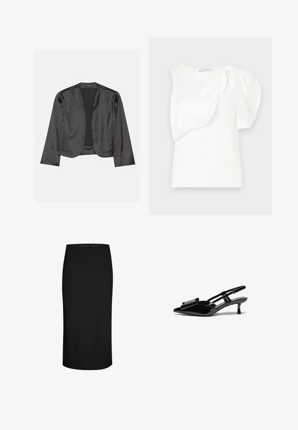 Sort satin blazer med en glat tekstur, åben frontdesign, lange ærmer og minimalistisk silhuet. Mærket "ANNA FIELD" indeni.; Hvid ærmeløs top med asymmetrisk lagdelt stofdetalje og rynket puf på den ene skulder, liggende fladt på hvid baggrund.; Sort knælængde blyantskørte med tætsiddende pasform og minimale sømdetaljer på hvid baggrund.; Sorte patenterede læderslingbacks med spids tå, en sløjfedetalje foran og en lille stilettohæle. Remmene har justerbare spænder.