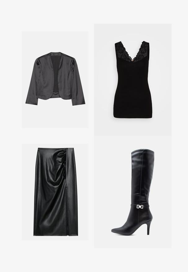 Blouson en satin noir avec une texture lisse, design à ouverte à l'avant, manches longues et silhouette minimaliste. Étiqueté "ANNA FIELD" à l'intérieur.; Haut sans manches noir avec un décolleté en V profond orné d'une bordure en dentelle noire, présentant une texture lisse et une silhouette ajustée.; Jupe en cuir noir avec une texture lisse, présentant une section froncée sur un côté et une fente sur le côté pour un détail supplémentaire.; Botte en cuir noir montante avec un bout pointu, un haut talon aiguille et un détail décoratif en boucle en argent autour de la cheville.