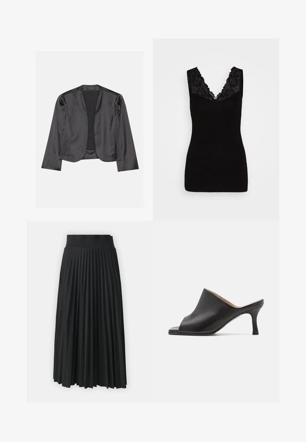 Sort satin blazer med en glat tekstur, åben frontdesign, lange ærmer og minimalistisk silhuet. Mærket "ANNA FIELD" indeni.; Sort ærmeløs top med dyb V-udskæring prydet med sort blondekant, der har en glat tekstur og en tætsiddende silhuet.; Sort plisseret nederdel med en bredtalje, prydet med ensartede lodrette folder. Glat tekstur med et svævende design.; Selected ASHLEY - Mules med hæl - black